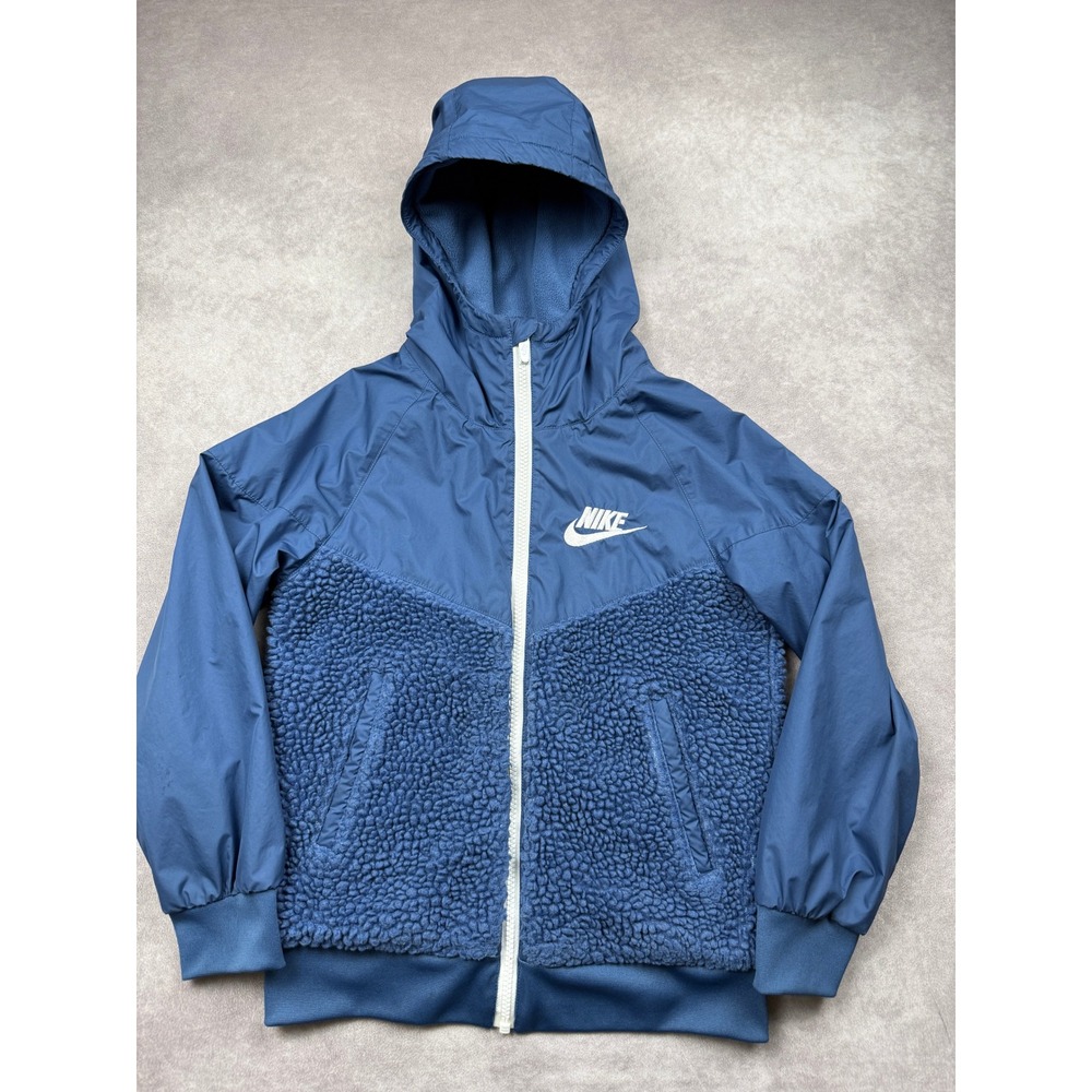 VTG Nike Womens S Windrunner Sherpa Fleece Hybrid Full Zip Hooded Jacket Blue